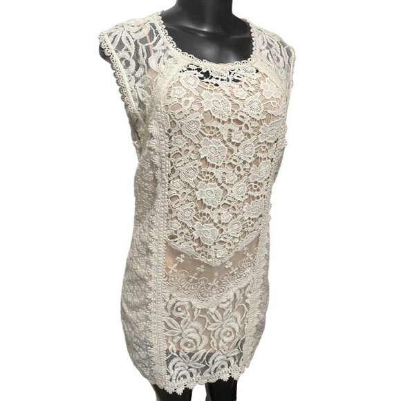 XS Champagne & Strawberry Lace Mini Dress Buttons Lined Ivory Nude Lining - Picture 6 of 11